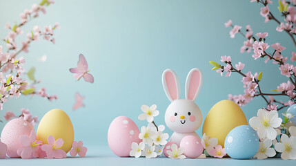 Obraz premium whimsical Easter scene featuring cute bunny surrounded by colorful eggs and delicate flowers. pastel colors and soft background create cheerful and festive atmosphere