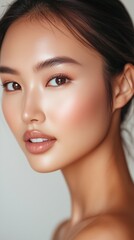 A captivating close-up of a young Asian woman, highlighting her natural beauty in soft lighting