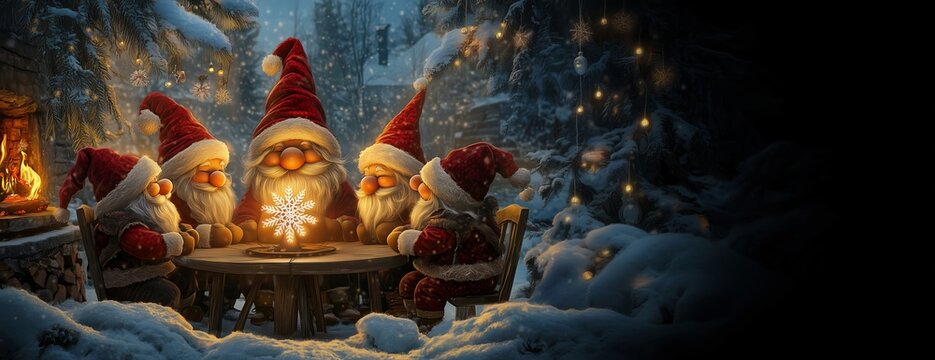 Gnomes around a glowing snowflake, surrounded by a winter forest and garlands. A warm Christmas atmosphere by the fireplace, creating a feeling of magic and comfort. Christmas spirit and family unity.