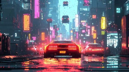 Red car driving through cyberpunk city filled with glowing neon signs and flying cars .
