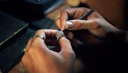 Obraz premium Selective focus Close up of the hands of a goldsmith while he is making a diamond ring. 