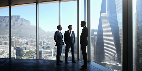 Fototapeta premium Businessmen discussing in modern office with cityscape view and table mountain