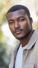 Fototapeta premium A confident Black man poses for a professional headshot in bright, natural light outdoors
