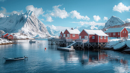 Fototapeta premium Snowy mountain fjord with red cabins and calm water