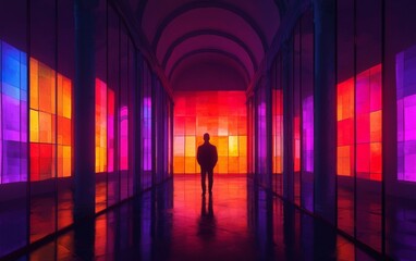A silhouette of a person in a vibrant, colorful corridor with illuminated panels.