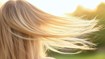 Naklejka premium A back view of a young woman’s hair blowing in the breeze, highlighting the organic essence of beauty and hair care. photo