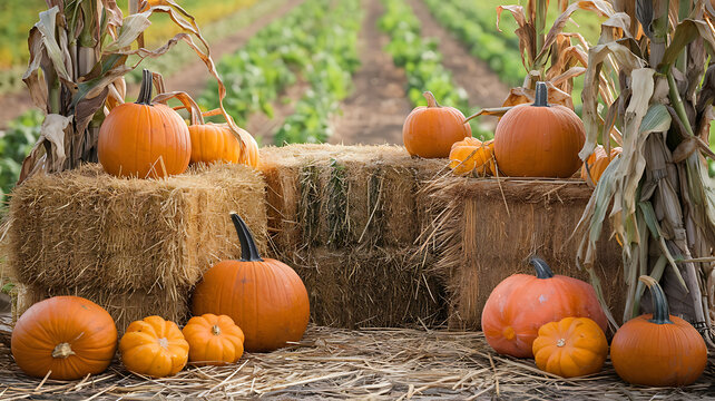 Orange pumpkins and hay bales in a rustic autumnal setting. 
