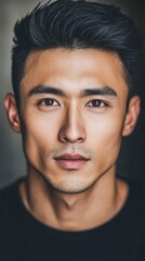 Obraz premium A confident Asian man poses for a headshot in natural light, highlighting his features