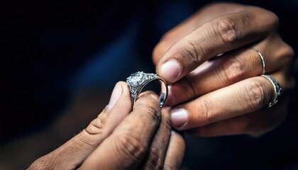 Selective focus Close up of the hands of a goldsmith while he is making a diamond ring. 