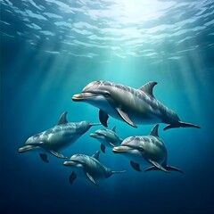Naklejka premium Playful Dolphins Swimming in Crystal Blue Water