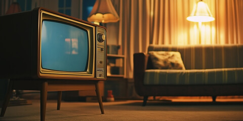 Old fashioned living room with retro television displaying static screen at night