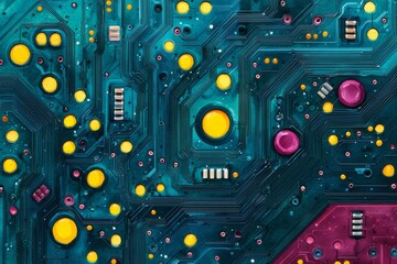 Abstract electronic circuit design, vibrant colors and geometric patterns.