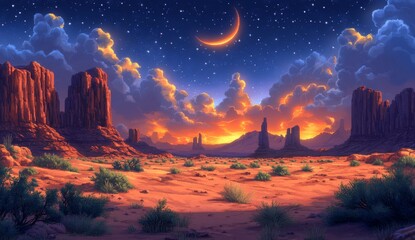 Red Rock Cliffs silhouetted against a starry sky with orange clouds a crescent moon