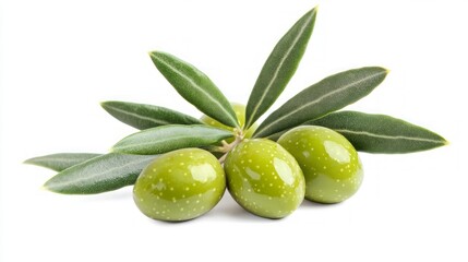 Obraz premium A sprig of olive tree with four green olives and leaves on a white background.