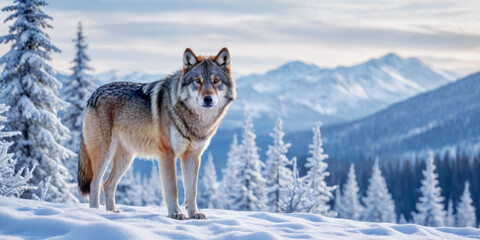 Majestic Wolf Standing in Snowy Mountain Landscape.