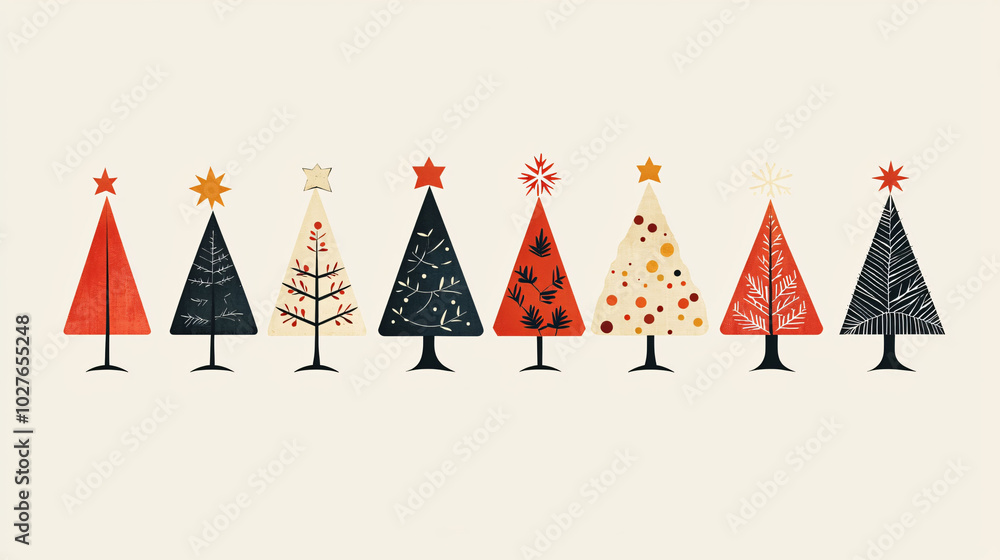 Poster stylized christmas trees in various colors and patterns create festive atmosphere. each tree feature