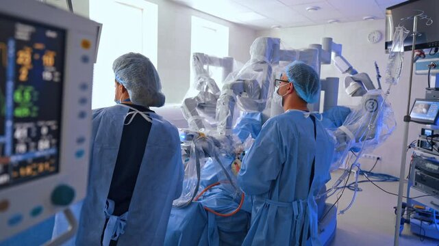 Approaching two medics working in the operating field of Da Vinci robotic machine. Doctor looks at the screen displaying minimal invasion surgery.