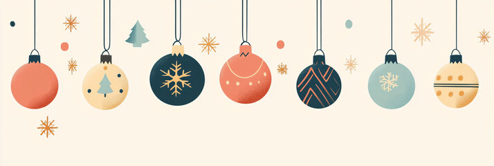 Colorful Christmas ornaments hang against light background, creating festive atmosphere. design features various shapes and patterns, evoking holiday cheer and joy