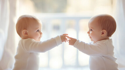 A baby reaching out, attempting to hold onto another baby, capturing an adorable moment of interaction. photo