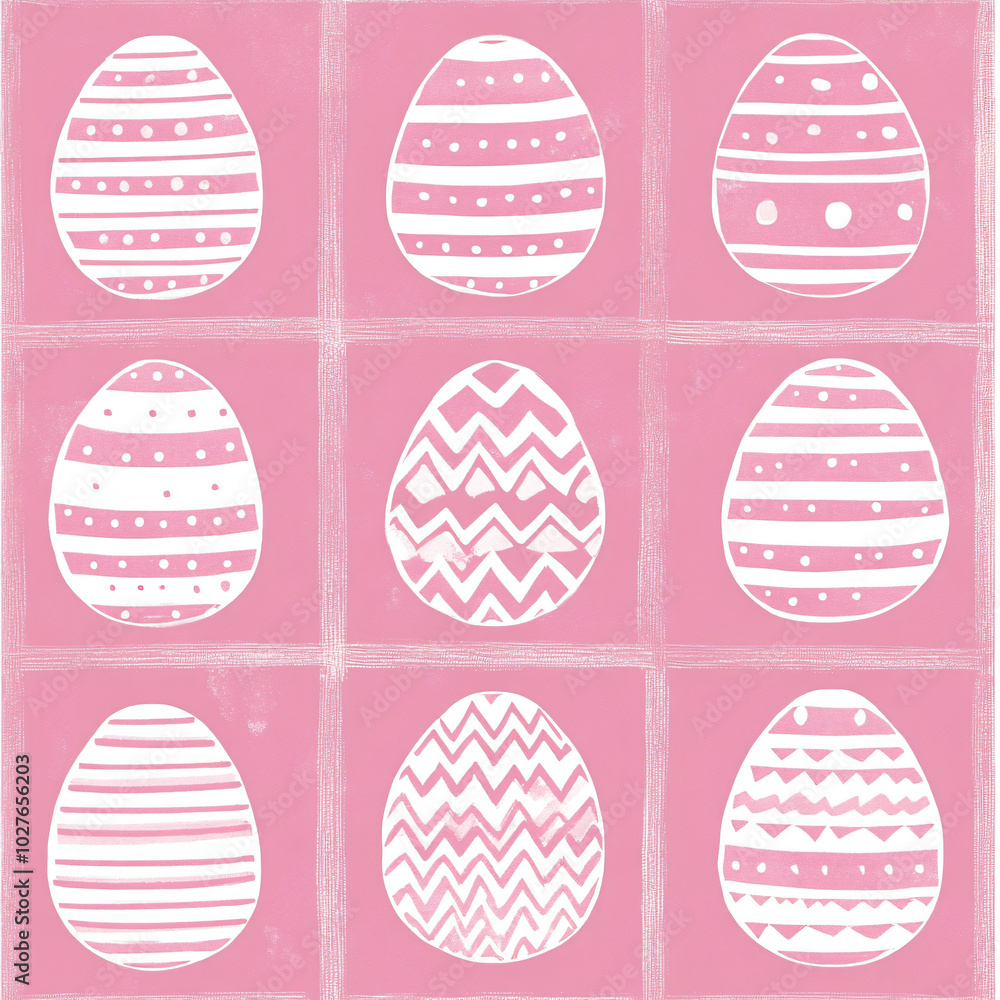 Poster colorful easter eggs with various patterns are arranged in grid on pink background, creating festive