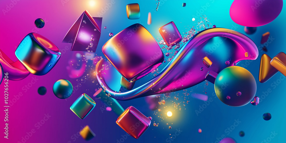 Poster Abstract liquid form splashing and interacting with colorful geometric shapes