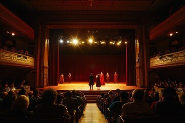 Theater performers in vivid costumes engage the audience, showcasing their talent during a vibrant live performance in a historic venue. Generative AI
