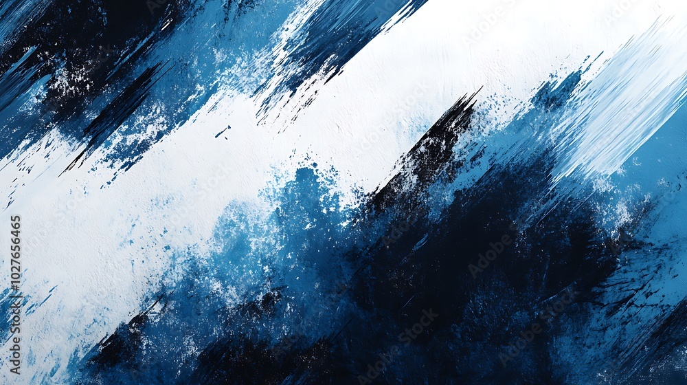 Poster an abstract painting featuring dynamic brushstrokes in varying shades of blue and white, creating a 