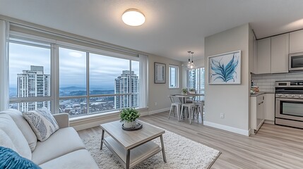 Fototapeta premium Modern living room with large windows overlooking city skyline and a kitchen with stainless steel appliances.