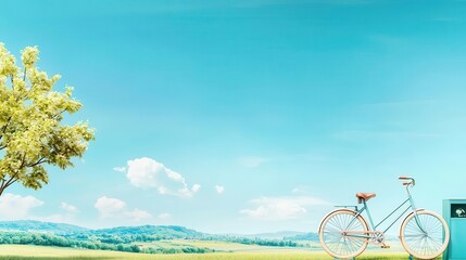 Fototapeta premium A serene countryside landscape with a vintage bicycle integrated into a recycling station, showcasing harmony between nature and sustainable living