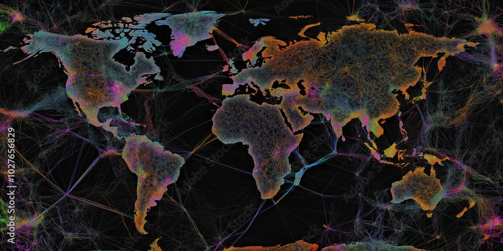 Poster World map showing global network connections with nodes and lines