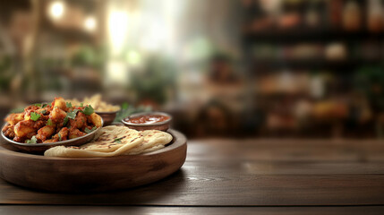 Indian cuisine featuring fragrant curries and warm naan. This colorful dish symbolizes warmth, hospitality, and the rich cultural heritage of India, inviting culinary exploration