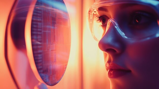 Woman in Safety Glasses Examining Microchip.