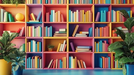 Colorful Bookshelf with Plants.