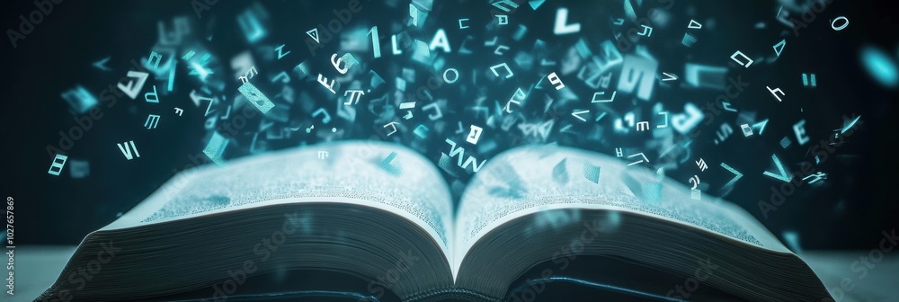 Poster dynamic book of ideas, an open book releasing a cascade of letters and symbols, symbolizing creativi