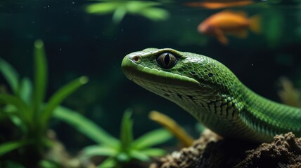 Fototapeta premium Close-up of a green snake with a blurred background of a fish tank with plants and a fish.