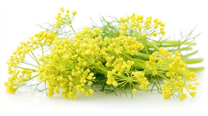 A bundle of fresh dill flowers with their delicate yellow-green blooms, isolated on a white background