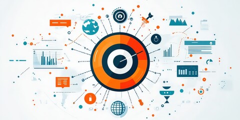 Obraz premium Abstrakcyjny wektor z dużym, wyśrodkowanym celem, otoczony połączonymi ikonami, takimi jak kula ziemska, pasek wyszukiwania i wykresy, symbolizującymi precyzję i koncentrację w optymalizacji wyszukiwania.