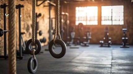 Close-up of gym rings in a fitness studio with sunlight streaming through the windows.