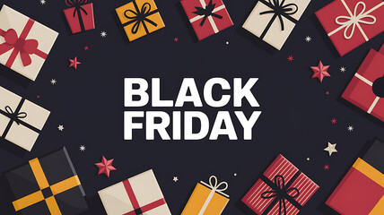 Black Friday sale promotion with red and yellow gift boxes on a dark background. 
