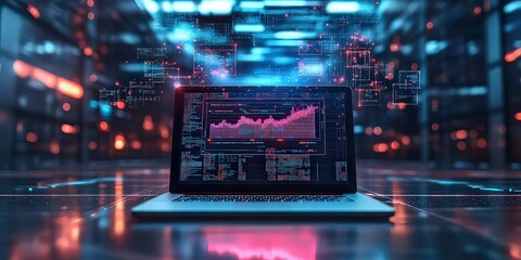  Open laptop with holographic screens projecting above it, displaying interconnected data and charts, symbolizing power of cloud computing and data analytics in modern workspace.
