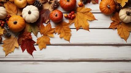 Bottom border of Autumn foliage with other fall decorations on white rustic wooden boards for thanksgiving holiday season with copy space