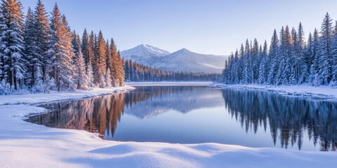 Fototapeta premium Stunning Snowy Mountain Landscape With Reflective Lake.
