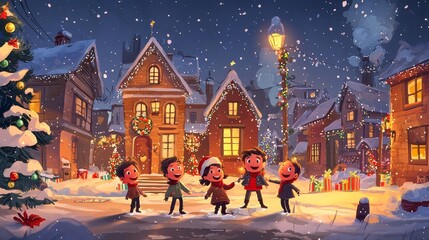 Obraz premium Children Singing Christmas Carols in a Snowy Town.