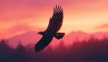 Naklejka premium Eagle soaring against a vibrant sunset sky with mountains in the background.