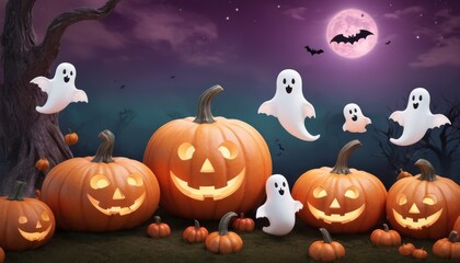 A playful Halloween background in soft pastel colors, featuring cute friendly ghosts, whimsical pumpkins, and adorable bats in a lighthearted arrangement, perfect for a charming Halloween design