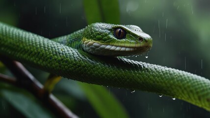 Fototapeta premium A close-up of a green snake with a yellow eye, perched on a branch in the rain.