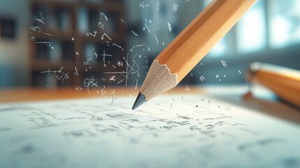 Pencil Drawing on Paper with Mathematical Symbols.