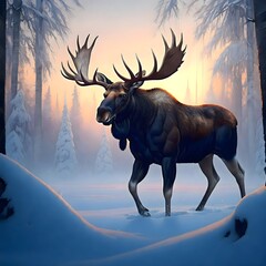 Naklejka premium Majestic Moose in Enchanted Winter Wonderland
