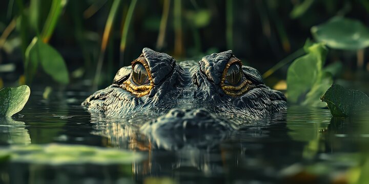  Close-up of alligator partially submerged in murky waters of Everglades, its eyes just above water&rsquo;s surface, surrounded by lush vegetation.