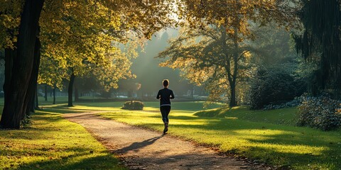 Fototapeta premium jogger running through a green park, surrounded by nature.